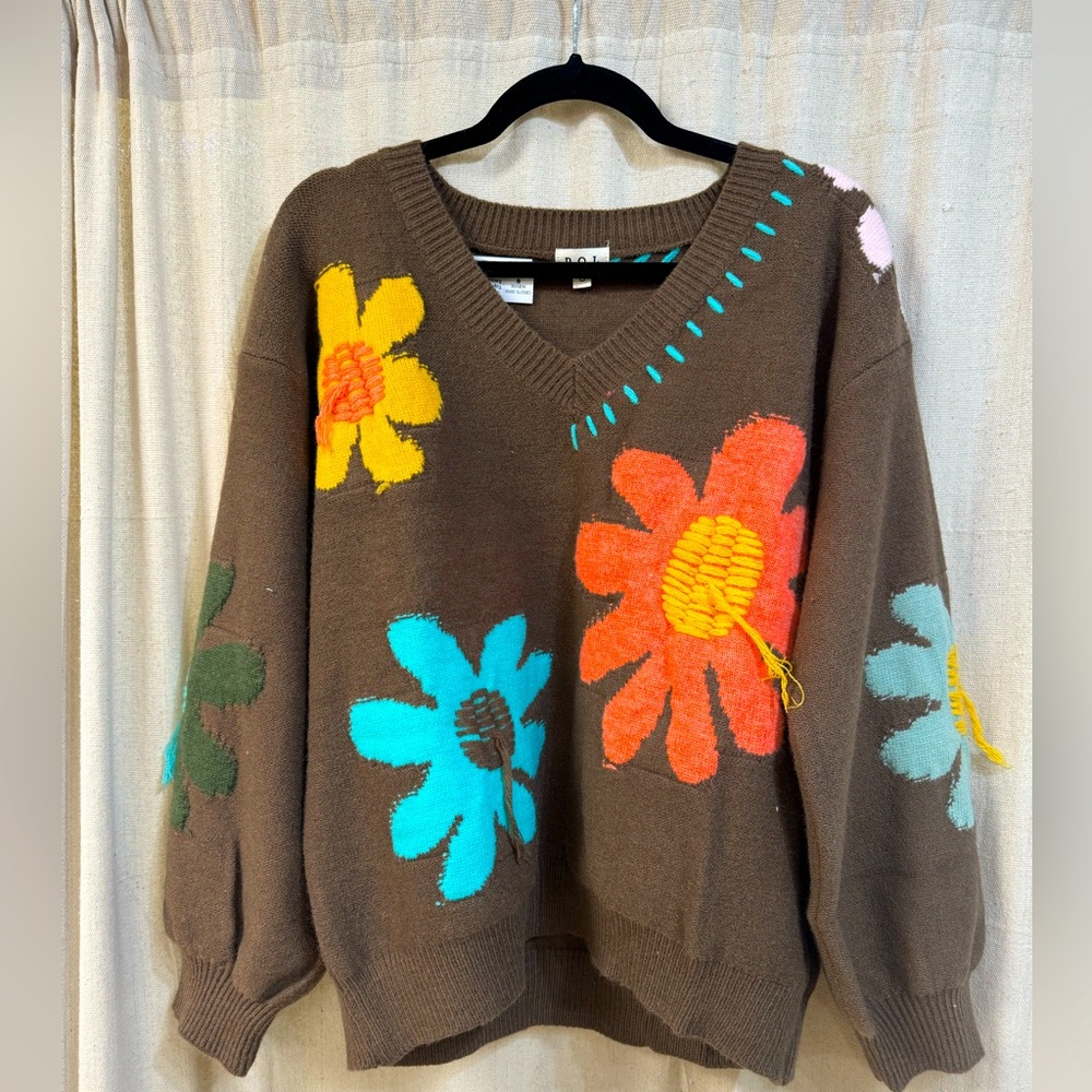 COPY - Like new, Chocolate, Flower Patch Pattern, Knit, V Neck Sweater by POL.